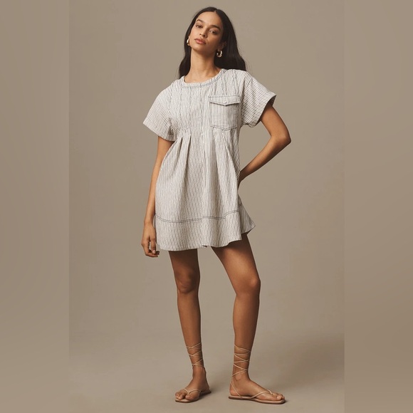 NWT Pilcro Short-Sleeve Denim Mini Swing Dress XSP cream navy stripe - Picture 2 of 6